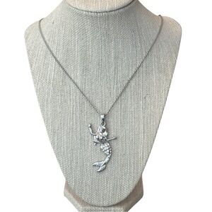 Silver Tone Rhinestone Mermaid Pendant Necklace Whimsical Coastal